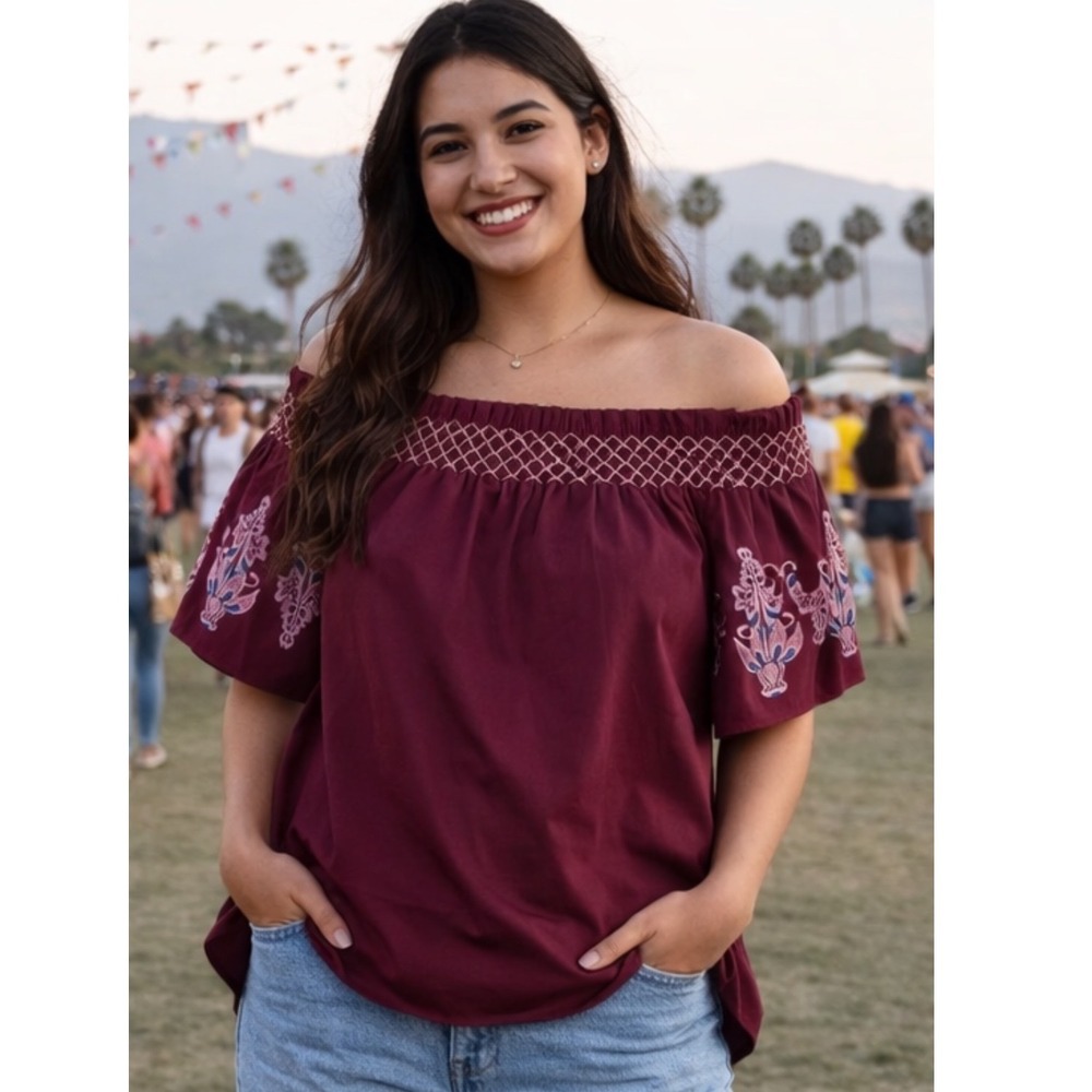 Womens Off-the-Shoulder Burgundy Top Lg‎ Embroidered Boho Cottagecore Festival
